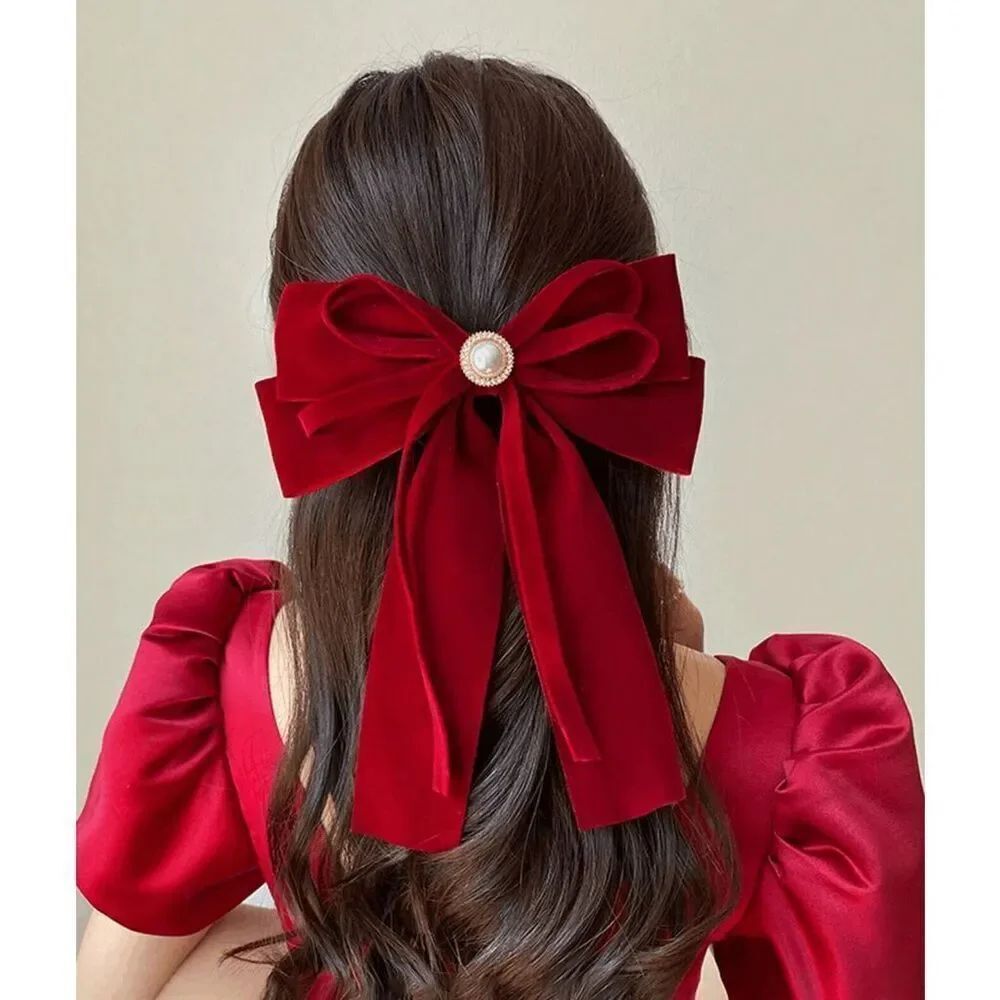 🎀 Red Velvet Pearl Accent Big Bow Hair Accessories Barrette Clip NEW